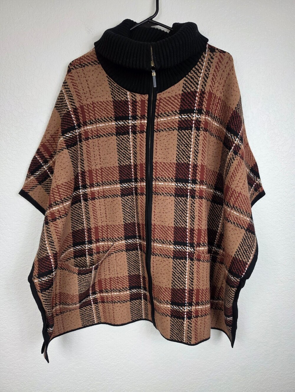 Tahari Plaid Zip-Up Knit Poncho Sweater S/M